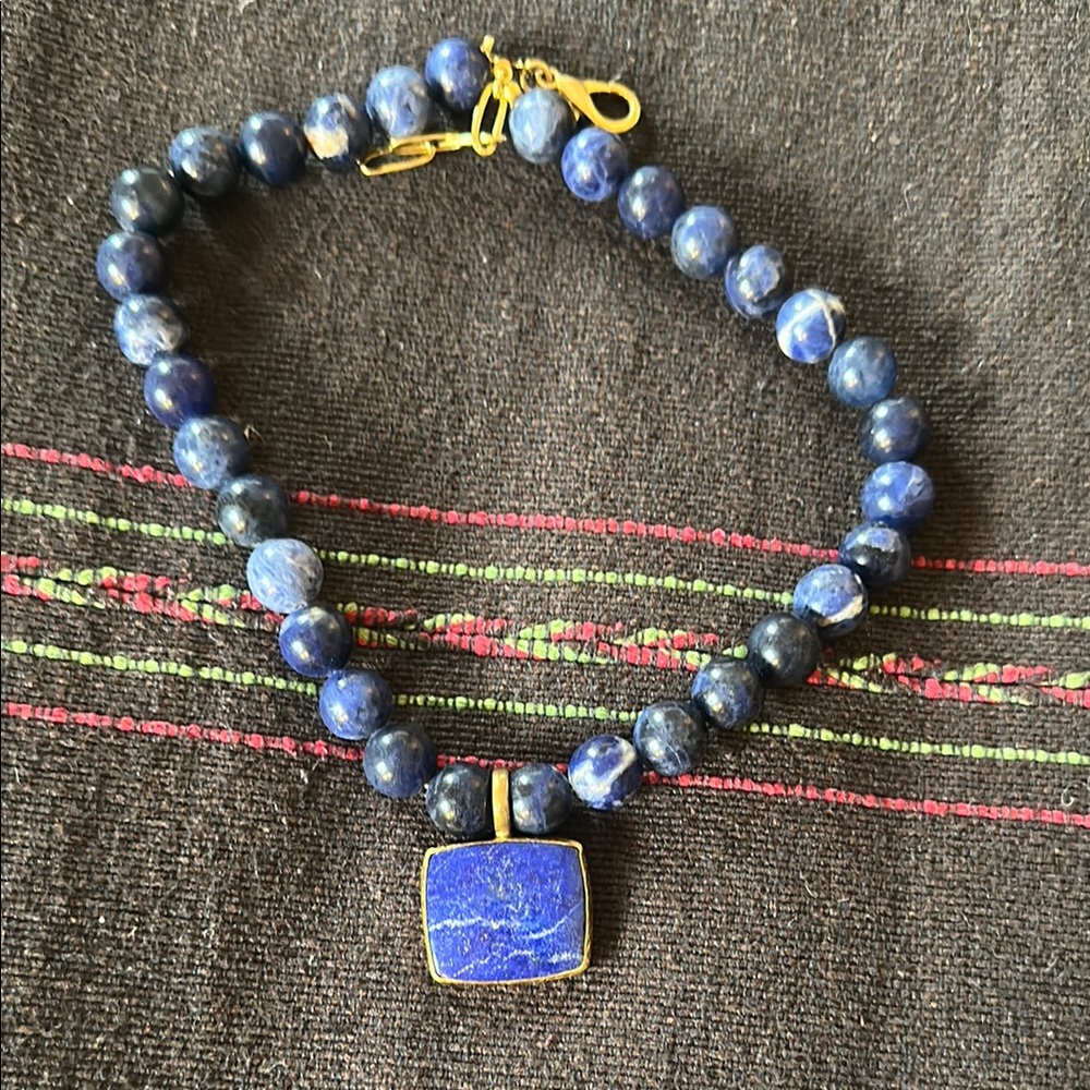 Blue Beaded Necklace with Gold Accents